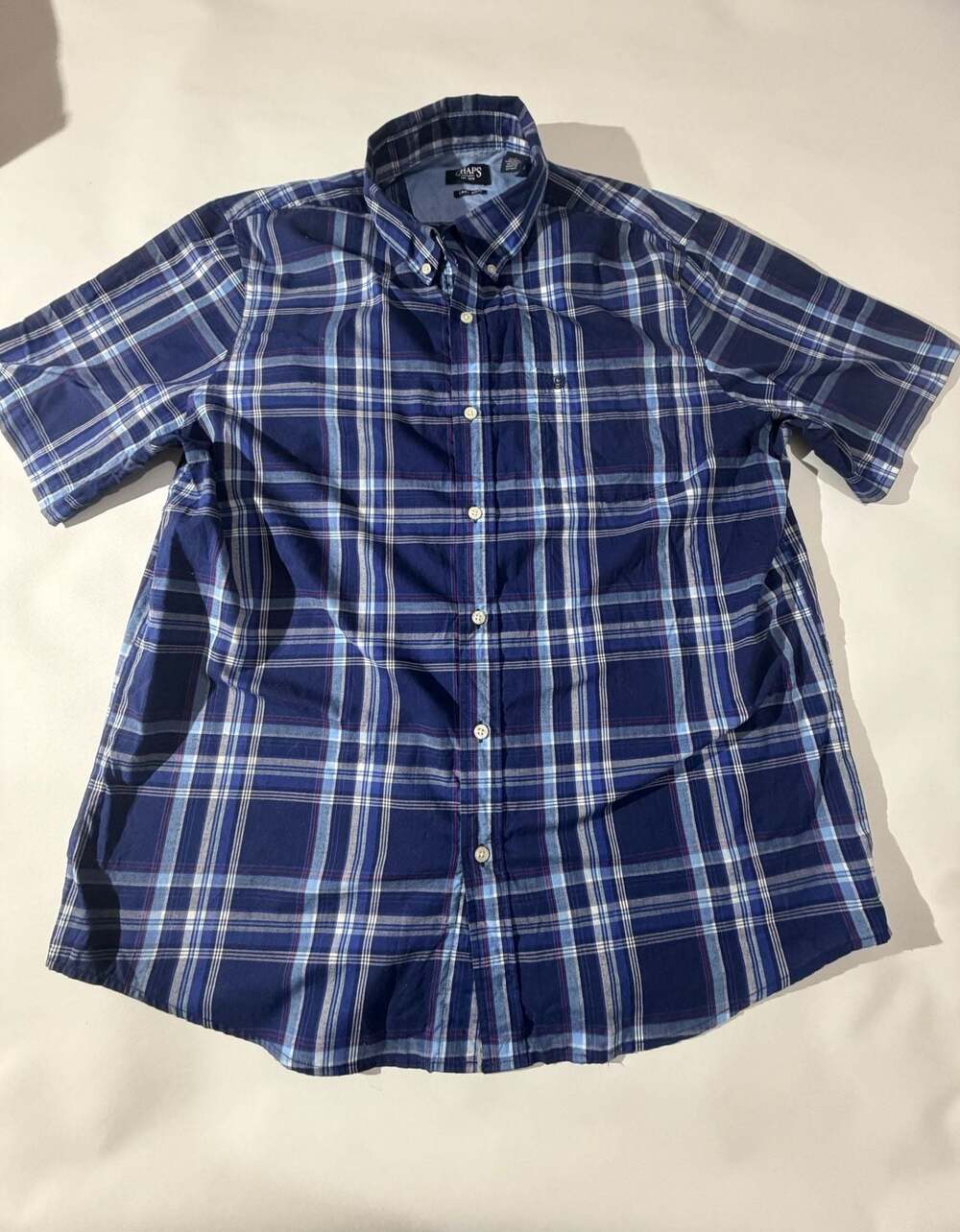Chaps Blue Plaid Short Sleeve Button Down Easy Care Shirt Mens XL